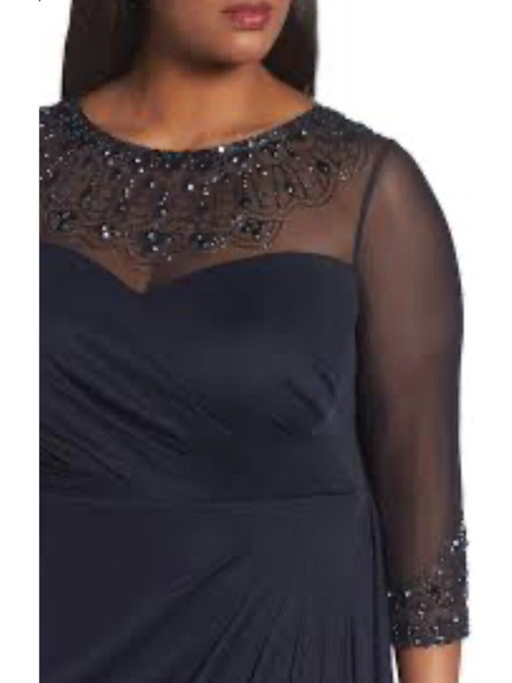 Alex Evening Illusion Beaded Navy Ruched Dress Size 12P - Picture 7 of 12